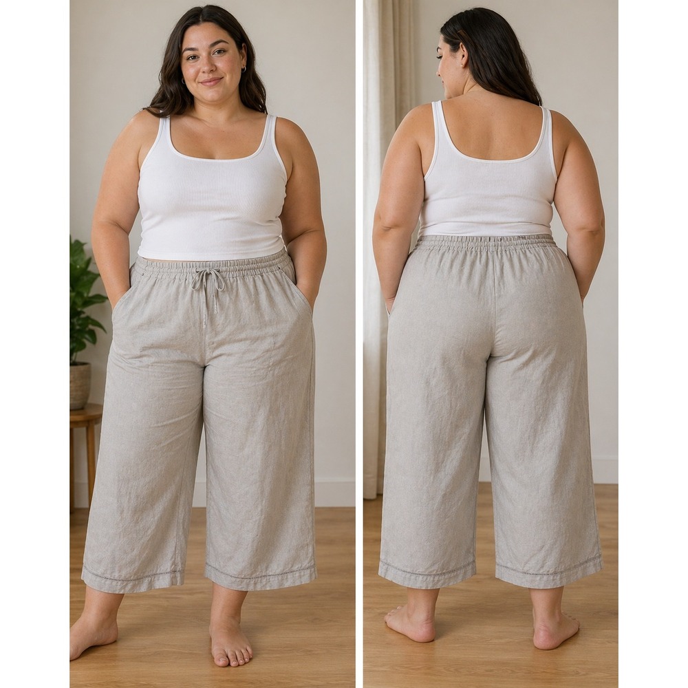 Lane Bryant Linen Blend Wide Leg Pants Womens 22/24 Tan Pull On Cropped Casual